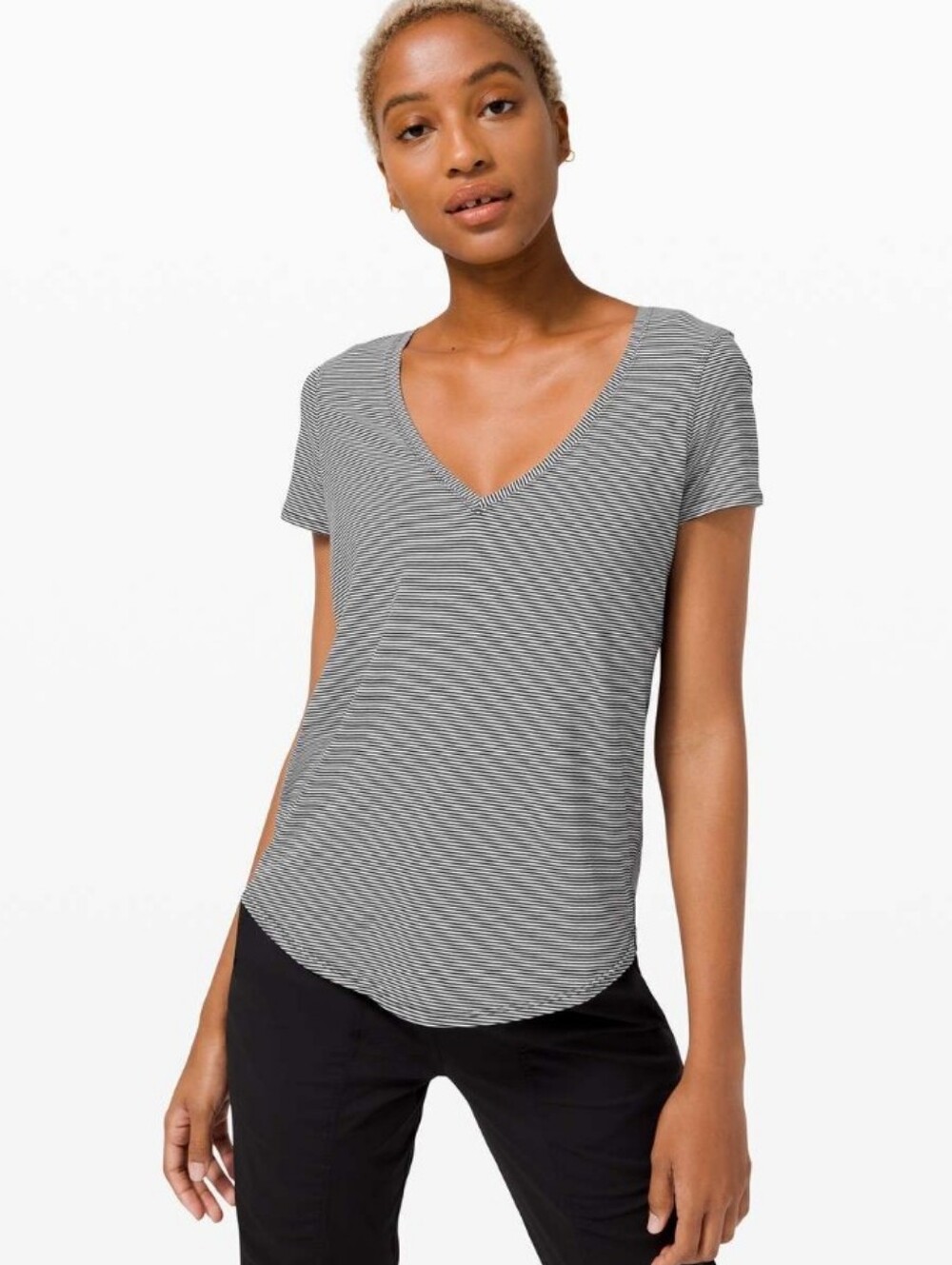 Lululemon Pima Cotton Love Tee V-Neck Short Sleeve Striped Tee - Black/White